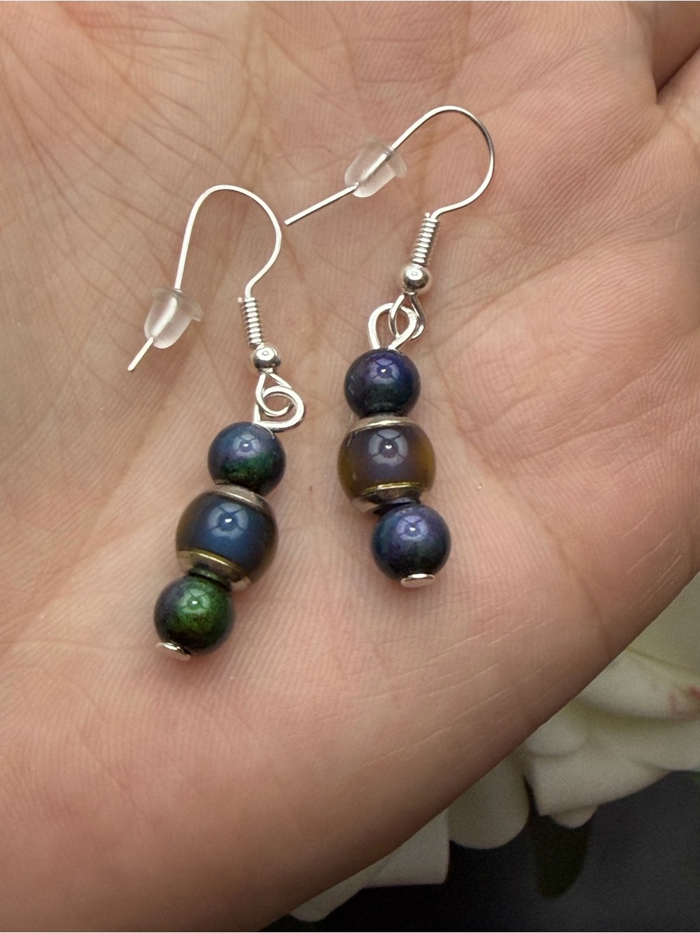 Handmade Iridescent Blue-Green Bead Drop Earrings